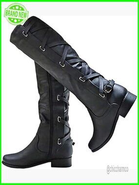 Lace Up Knee High Combat Boots Low Heel Side Zipper